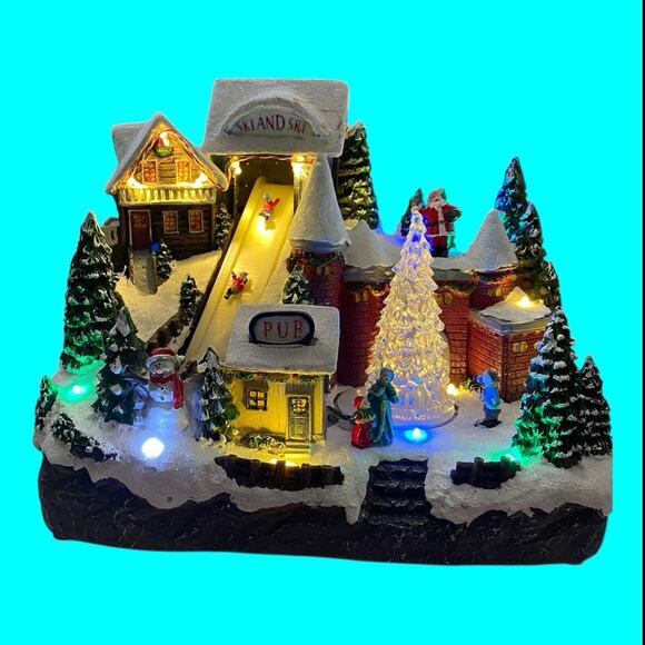 Gerson Alpine Village Christmas Castle Musical Revolving Tree Skiers Lighted - Picture 3 of 11